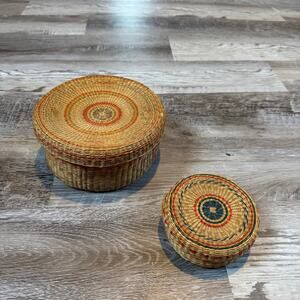 Vintage Woven Basket Set Made in Korea Boho Trinket Storage 70s